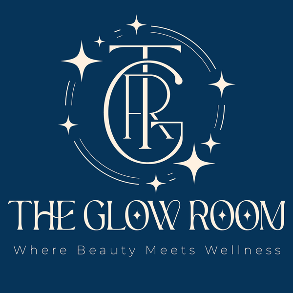 Logo of The Glow Room with decorative elements on a dark blue background
